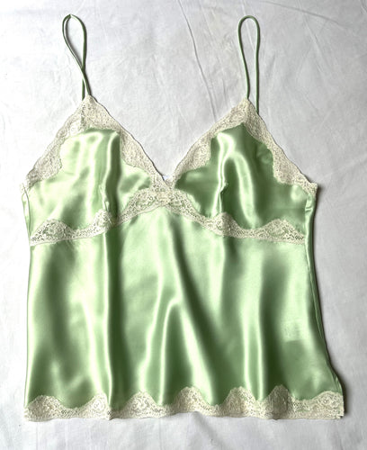 SALE Absolutely classical 100% Silk bias cut Camisole. The bodice is gently busted with ecru lace' this continues onto the top of the garment and on the hem. Perfect as an outer or underwear piece. Made in Italy 100% Pure Silk Satin Machine washable.