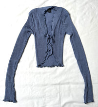 Load image into Gallery viewer, Denim Blue Wool/Silk very pretty and light bedjacket. Made from a delicate ajouré rib knit in a fabric blend of extra fine Merino wool &amp; pure silk. This bed jacket is elegant, fashionable and casual all at once. Perfect as nightwear, leisure wear or outerwear. 
Fabric Content: 70% Wool 30% Silk.
All Oscalito wool is certified mulesing free.
All Oscalito SILK is Certified GOTs
Machine washable

