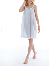 Load image into Gallery viewer, Short (95cm) sleeveless nightgown. Lace details on the rounded neckline &amp; spaghetti strap. Flared skirt for ease of movement when sleeping. Made in Germany from the finest pure Swiss cotton, Celestine nightdresses are diaphanous, offering perfect sleep without heaviness. Celestine nightwear, dressing gowns and short robes drop from the shoulder, therefore one size fits all.  Fabric composition:  100% Pure Swiss Cotton. 100% Guipure Cotton Lace. Machine Washable. (In stock, 3-day delivery)
