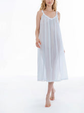 Load image into Gallery viewer, Full length (121cm) narrow strap nightgown. Lace details on the gently rounded neckline, straps &amp; hemline. Flared skirt for ease of movement when sleeping. Made in Germany from the finest pure Swiss cotton, Celestine nightdresses are diaphanous, offering perfect sleep without heaviness. Celestine nightwear, dressing gowns and short robes drop from the shoulder, therefore one size fits all.  Fabric composition:  100% Pure Swiss Cotton. 100% Guipure Cotton Lace. Machine Washable. (In stock, 3-day delivery)
