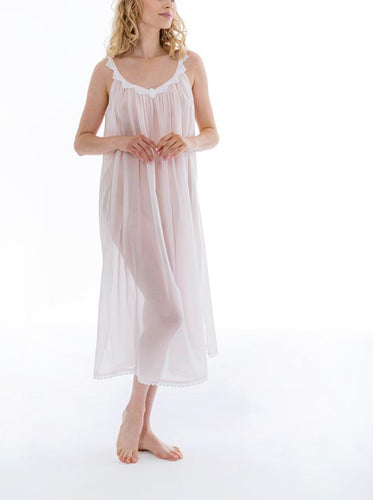 Full length (121cm) narrow strap nightgown. Lace details on the gently rounded neckline, straps & hemline. Flared skirt for ease of movement when sleeping. Made in Germany from the finest pure Swiss cotton, Celestine nightdresses are diaphanous, offering perfect sleep without heaviness. Celestine nightwear, dressing gowns and short robes drop from the shoulder, therefore one size fits all.  Fabric composition:  100% Pure Swiss Cotton. 100% Guipure Cotton Lace. Machine Washable. (In stock, 3-day delivery)