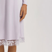 Load image into Gallery viewer, A close up of the hem of the Pink Lavender nightdress. Highlighting the beautiful embroidered lace trim.
