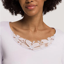 Load image into Gallery viewer, A close up of the Pink Lavender full length nightdress. Highlighting the beautiful embroidered neckline.
