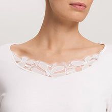 Load image into Gallery viewer, A close up of an Off White full length nightdress. Highlighting the beautiful embroidered neckline.
