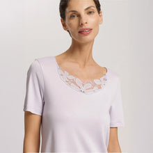 Load image into Gallery viewer, A close up of a woman wearing a Pink Lavender nightdress with short sleeves highlighting a lace trim on the neckline. 
