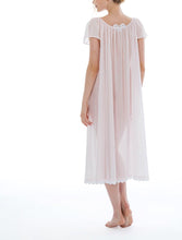 Load image into Gallery viewer, Full length (123cm) short sleeve nightgown. Lace details on the gentle rounded neckline and sleeve edge. Wide lace band on the hem. Flared skirt for ease of movement when sleeping. Made in Germany from the finest pure Swiss cotton, Celestine nightdresses are diaphanous, offering perfect sleep without heaviness. Celestine nightwear, dressing gowns and short robes drop from the shoulder, therefore one size fits all.  Fabric composition:  100% Pure Swiss Cotton. 100% Guipure Cotton Lace. Machine Washable.
