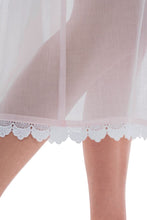 Load image into Gallery viewer, Full length (123cm) short sleeve nightgown. Lace details on the gentle rounded neckline and sleeve edge. Wide lace band on the hem. Flared skirt for ease of movement when sleeping. Made in Germany from the finest pure Swiss cotton, Celestine nightdresses are diaphanous, offering perfect sleep without heaviness. Celestine nightwear, dressing gowns and short robes drop from the shoulder, therefore one size fits all.  Fabric composition:  100% Pure Swiss Cotton. 100% Guipure Cotton Lace. Machine Washable.
