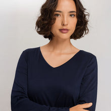 Load image into Gallery viewer, A close up of the neckline of the Cotton silk long sleeve nightdress displaying the silk trim on the V-Neck.
