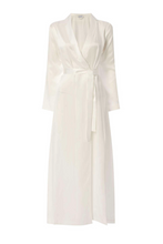 Load image into Gallery viewer, SALE Beautiful Pure Silk Full Length Dressing Gown.  Revere collar with a one button front detail. Belted at the waist. Two concealed side pockets. Treble stitching detail on the hem and cuff. Wonderful to wear over any item of nightwear. Perfect for home &amp; holiday wear.  100% Silk Satin. Made in Italy. Machine washable.
