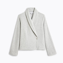Load image into Gallery viewer, a light gray heathered shawl collar wrap bed jacket with a single button closure, photographed against a clean white studio background.

