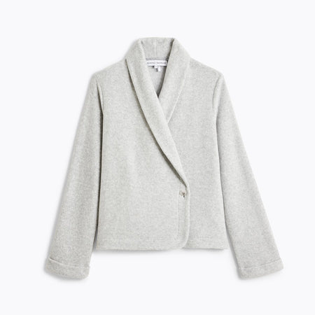 a light gray heathered shawl collar wrap bed jacket with a single button closure, photographed against a clean white studio background.