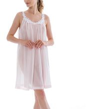 Load image into Gallery viewer, Smart short (93cm) sleeveless nightgown. There are lace details on the rounded neckline &amp; spaghetti strap. Flared skirt for ease of movement when sleeping. Made in Germany from the finest pure Swiss cotton, Celestine nightdresses are diaphanous, offering perfect sleep without heaviness. Celestine nightwear, dressing gowns and short robes drop from the shoulder, therefore one size fits all.  Fabric composition:  100% Pure Swiss Cotton. 100% Guipure Cotton Lace. Machine Washable.
