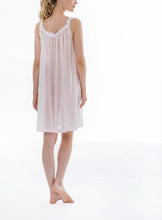 Load image into Gallery viewer, Smart short (93cm) sleeveless nightgown. There are lace details on the rounded neckline &amp; spaghetti strap. Flared skirt for ease of movement when sleeping. Made in Germany from the finest pure Swiss cotton, Celestine nightdresses are diaphanous, offering perfect sleep without heaviness. Celestine nightwear, dressing gowns and short robes drop from the shoulder, therefore one size fits all.  Fabric composition:  100% Pure Swiss Cotton. 100% Guipure Cotton Lace. Machine Washable.
