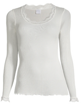 Load image into Gallery viewer, Ivory. Long Sleeve style delicate fine ribbed knit fabric in pure silk organza with the most elegant and feminine French leavers lace at the neckline and cuff. The lace is certified and numbered as true “Dentelle de Calais®”. Super-soft touch with no side seams, the construction is for the ultimate in comfort. Featuring a gently scooped neckline this top allows for a multiple of uses, as underwear or outerwear.  100% Silk All Oscalito Silk is certified GOTs. Machine washable  (In stock, 3 day delivery)
