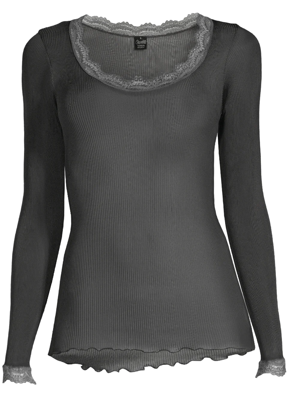 Smoke. Long Sleeve style delicate fine ribbed knit fabric in pure silk organza with the most elegant and feminine French leavers lace at the neckline and cuff. The lace is certified and numbered as true “Dentelle de Calais®”. Super-soft touch with no side seams, the construction is for the ultimate in comfort. Featuring a gently scooped neckline this top allows for a multiple of uses, as underwear or outerwear.  100% Silk All Oscalito Silk is certified GOTs. Machine washable  (In stock, 3 day delivery)