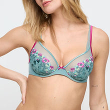 Load image into Gallery viewer, A Bali Green non padded full coverage plunge bra with an under wire.
It features contrasting embroidered fuchsia flowers and a soft tulle mesh. 
The cup is non see-through over the nipple, and sheer just above it. 
The contrasting fuchsia spaghetti strap has delicate lace detail. Wear this comfortable feminine style visible or discreetely.


