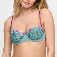 Load image into Gallery viewer, A Bali Green under-wired balcony bra featuring a contrasting fuchsia double spaghetti strap.
The cup is non-padded and non see-through. The top of the cup has Fuchsia embroidered flowers giving an illusion of growing flowers on the cup. 
A sweet feminine style for the summer.

