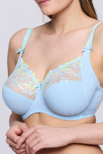 Load image into Gallery viewer, Deauville Milky Blue fashion colour is a fabulous full cup underwired bra. 
It consists of three panels, to give the best structured support. 
A panel on the bottom and side, provide a lift and gathers the breasts neatly. The Lace panel at the top gives a feminine and airy lightness to the style. 
The lace continues onto the comfortable adjustable strap with a delicate bow at the base.
