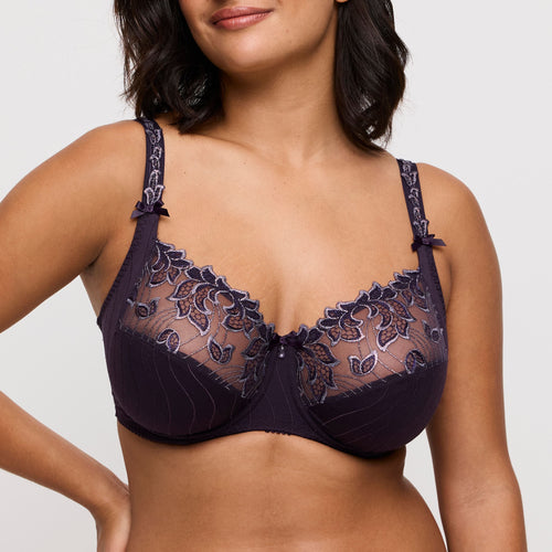 Amethyst bra with lace detailing worn by a model on a plain background