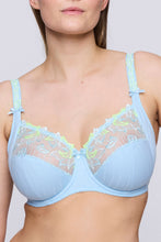Load image into Gallery viewer, Deauville Milky Blue fashion colour is a fabulous full cup underwired bra. 
It consists of three panels, to give the best structured support. 
A panel on the bottom and side, provide a lift and gathers the breasts neatly. The Lace panel at the top gives a feminine and airy lightness to the style. 
The lace continues onto the comfortable adjustable strap with a delicate bow at the base.
