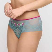Load image into Gallery viewer, Side profile of the Lizelot hot-pants in Bali Green. 
The lace covers half of the hip covering half of the bum cheek.
