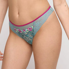 Load image into Gallery viewer, Lizelot G/string in Bali Green has a sheer embroidered central panel with contrasting fuchsia pink flowers. The fabric on the hip is a delicate floral lace. Finished with a fuchsia pink elasticated trim.
