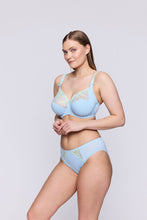 Load image into Gallery viewer, Deauville Milky Blue fashion colour is a fabulous full cup underwired bra. 
It consists of three panels, to give the best structured support. 
A panel on the bottom and side, provide a lift and gathers the breasts neatly. The Lace panel at the top gives a feminine and airy lightness to the style. 
The lace continues onto the comfortable adjustable strap with a delicate bow at the base.
Matching bottoms in this image are Deauville Rio Briefs.
