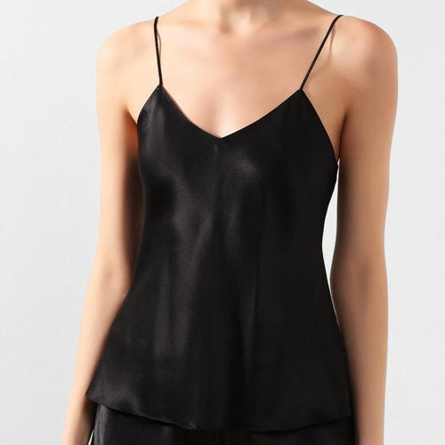 Pure Silk Black Camisole with a V-Neck and skinny adjustable straps. It is Cut on the bias and falls to the curves.
