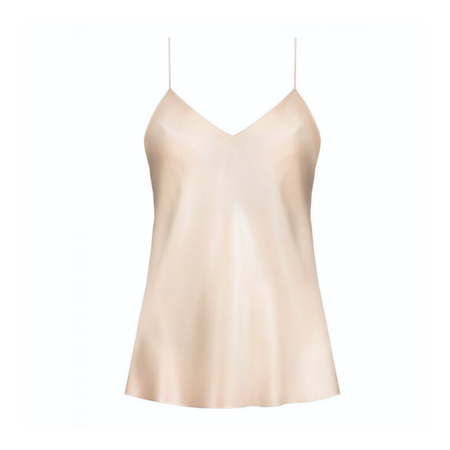 Pure Silk Champagne Camisole with a V-Neck and skinny adjustable straps. It is Cut on the bias and falls to the curves.