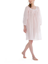 Load image into Gallery viewer, Short (96cm) long sleeve nightgown. Lace details on the gently rounded neckline, cuffs &amp; hemline. Flared skirt for ease of movement when sleeping. Made in Germany from the finest pure Swiss cotton, Celestine nightdresses are diaphanous, offering perfect sleep without heaviness. Celestine nightwear, dressing gowns and short robes drop from the shoulder, therefore one size fits all.  Fabric composition:  100% Pure Swiss Cotton. 100% Guipure Lace. Machine Washable.
