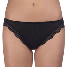 Load image into Gallery viewer, Black calais lace-trimmed silk underwear on a white background
