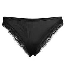 Load image into Gallery viewer, Black calais lace-trimmed silk underwear on a white background

