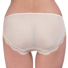 Load image into Gallery viewer, Rear view of a model wearing white ribbed silk and calais lace briefs against a plain white background.
