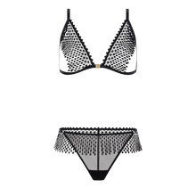 Load image into Gallery viewer, A two-piece black mesh lingerie set featuring a triangle bra cup-less top with a central gold-tone closure and a matching thong bottom with fringe detailing, shown on a solid white background.
