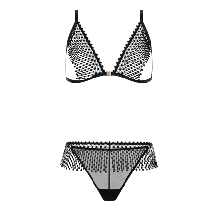 A two-piece black mesh lingerie set featuring a triangle bra cup-less top with a central gold-tone closure and a matching thong bottom with fringe detailing, shown on a solid white background.
