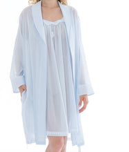 Load image into Gallery viewer, SALE Short (102cm), shawl collar short robe. Made in Germany from the finest mousseline, this short, diaphanous robe is a 100% pure cotton. It offers the wearer perfect cover without heaviness. COLOURS NOT AS IMAGES  Celestine garments are addictive, so watch out. Once tried, there is no turning back!   Celestine nightwear, dressing gowns and short robes drop from the shoulder, therefore one size fits all.

