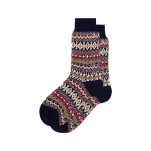 Load image into Gallery viewer, A pair of navy knit cashmere socks with a multicolor Fair Isle pattern featuring navy blue, burgundy, beige, and gray, shown on a plain white background.
