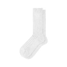Load image into Gallery viewer, A pair of winter white cashmere ribbed crew socks displayed against a solid white background.
