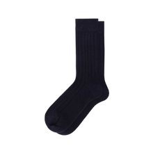 Load image into Gallery viewer, A pair of black cashmere ribbed crew socks displayed against a solid white background.
