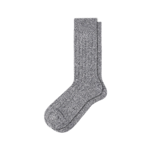 Load image into Gallery viewer, A pair of charcoal chine cashmere ribbed crew socks displayed against a solid white background.
