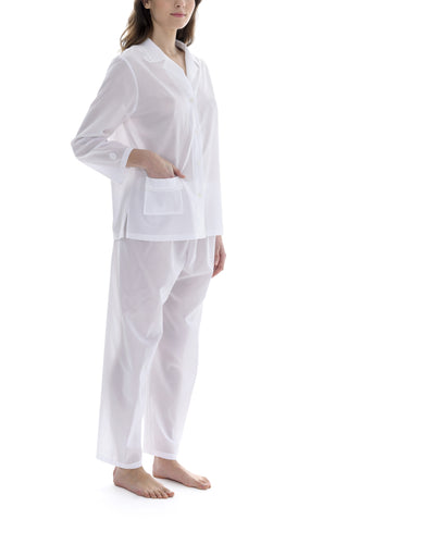 Pure White 100% Swiss cotton Pyjamas. Buttoned at the front with a revere collar. Full length trouser with a soft elasticated waist. Perfect for sleeping or lounging. 
Celestine nightwear, dressing gowns, short robes and pyjamas drop from the shoulder, therefore one size fits all. 
Fabric composition: 100% Cotton Flannel.
Made in Germany.
Machine Washable.
