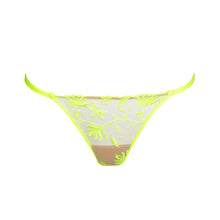Load image into Gallery viewer, Shay G/String in Radiance is a sheer nude thong with radiant yellow floral embroidery with yellow crystals on the front. It features a double spaghetti-style waistband around the hips. All underwear has a 100% cotton gusset.
