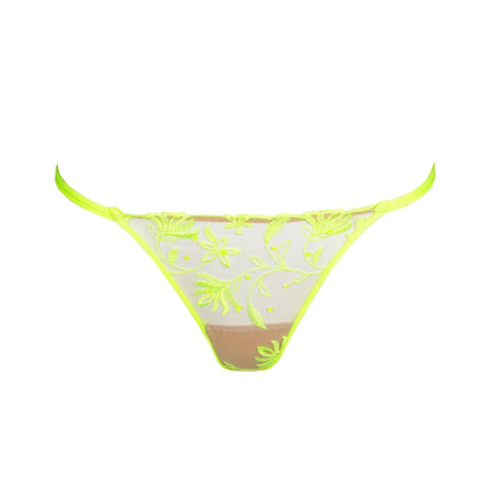 Shay G/String in Radiance is a sheer nude thong with radiant yellow floral embroidery with yellow crystals on the front. It features a double spaghetti-style waistband around the hips. All underwear has a 100% cotton gusset.