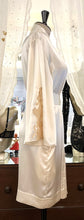 Load image into Gallery viewer, Ivory/Ecru. Beautiful Pure Silk Robe.  Generous Belted at the waist contrasting lace on the sleeve and matching black piping on the Kimono style collar. Two concealed side pockets. Wonderful to wear over any item or nightwear, or to match with our Verdiani Night/Slips.  100% Silk Satin. Lace: 78% Nylon, 16% Elastane, 6% Polyester. Made in Italy. Machine washable. Loose fitting for comfort and movement. 

