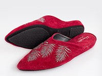 Load image into Gallery viewer, Stylish Moroccan style suede slippers. All suede upper with padded insole for extra comfort. Rubber sole for non-slip wear. Perfect for home or outerwear.  Cherry Silver.
