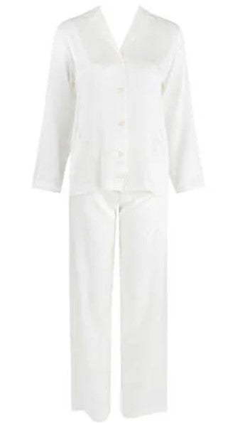 Ivory. Classic pure silk 'men's style' pyjamas. They are made from19mm 100% pure heavy weight Silk Satin. One seam on the leg for extra comfort.  Mother-of-pearl buttons, elastic waist on the back of the trouser with a drawstring waist to the front. French seams throughout for that added comfort. Made in Florence, 
Composition: Pure Silk Satin
Made in Italy
Machine washable.