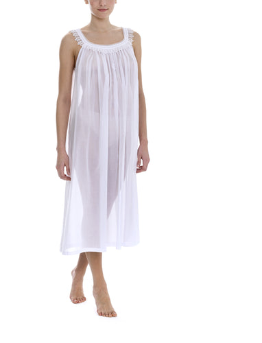 Pure White full length (124cm) sleeveless nightgown. Gorgeous 100% Guipure Cotton Lace at the gently rounded neckline. Flared skirt for ease of movement when sleeping. Made in Germany from the finest pure cotton mousseline, Celestine nightdresses are diaphanous, offering perfect sleep without heaviness.
Celestine nightwear, dressing gowns and short robes drop from the shoulder, therefore one size fits all. 
Composition: 100% Pure Swiss Cotton, 100% Guipure Cotton Lace
Machine Washable

