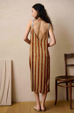 Load image into Gallery viewer, Heavy weight Stripe Silk Nightgown made by Luuna Mine; an artisan design studio based in Shanghai. This is a simple nightgown with a deep V back and contrasting adjustable spaghetti straps and with a signature moon print detail. Made 100% pure heavyweight Silk Satin and with French seams throughout. Perfect for sleeping, loungewear &amp; perhaps even outerwear! Composition: Pure Silk Satin. Machine washable.
