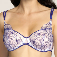 Load image into Gallery viewer, SALE Andres Sarda Tarsilia Balconette bra. This white underwired bra has beautiful blue floral embroidery on the cups and a light lining in transparent tulle for extra support with elegant double spaghetti straps.   Combine the Tarsilia balconette bra with one of the briefs for an irresistible look!  Fabric:  69% Polyamide | 27% Polyester | 4% Elastane
