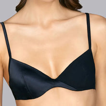 Load image into Gallery viewer, SALE Andres Sarda Tiziano image bra. Ultra smooth underwired bra in satin. Front with cache-coeur effect. Fits exquisitely as a set with the equally smooth luxury thong.  Fabric:  84% Polyester | 12% Elastane | %4 Polyamide. Black.
